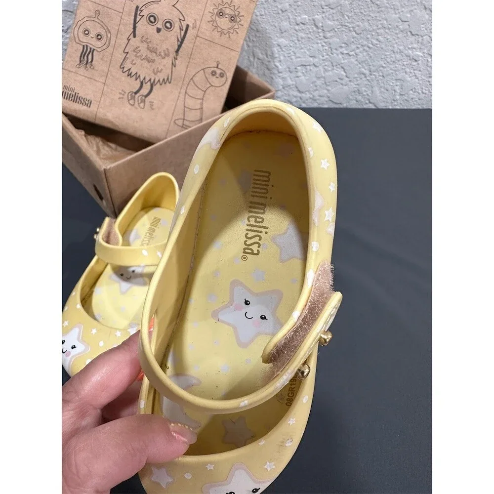 Mini Melissa Girls Mary Jane Jelly Flats Yellow Star & Moon Print Size 8